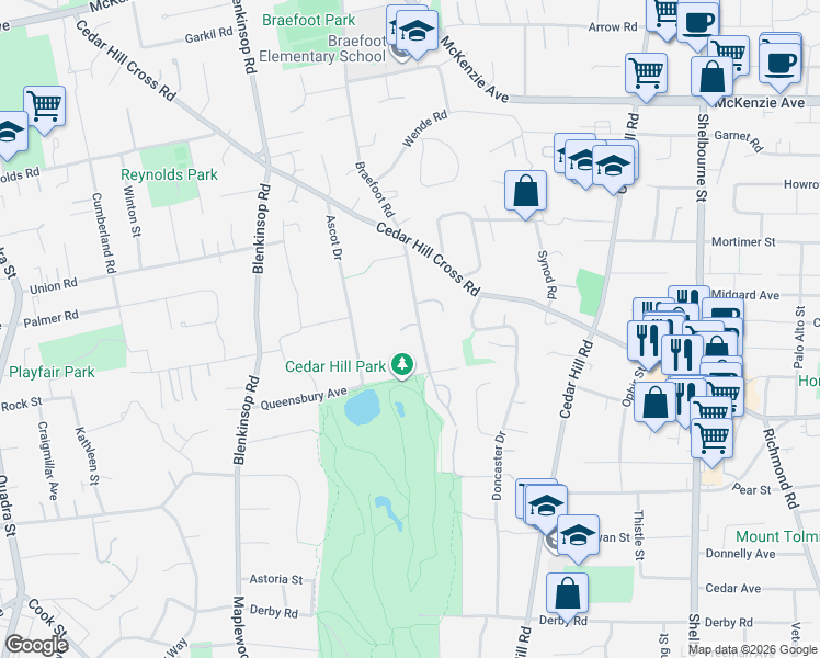 map of restaurants, bars, coffee shops, grocery stores, and more near 3711 Epsom Drive in Victoria