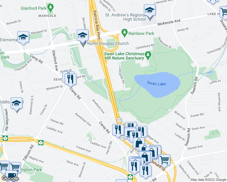 map of restaurants, bars, coffee shops, grocery stores, and more near 3555 Douglas Street in Victoria