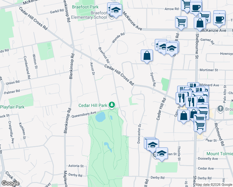 map of restaurants, bars, coffee shops, grocery stores, and more near Epsom Drive in Victoria
