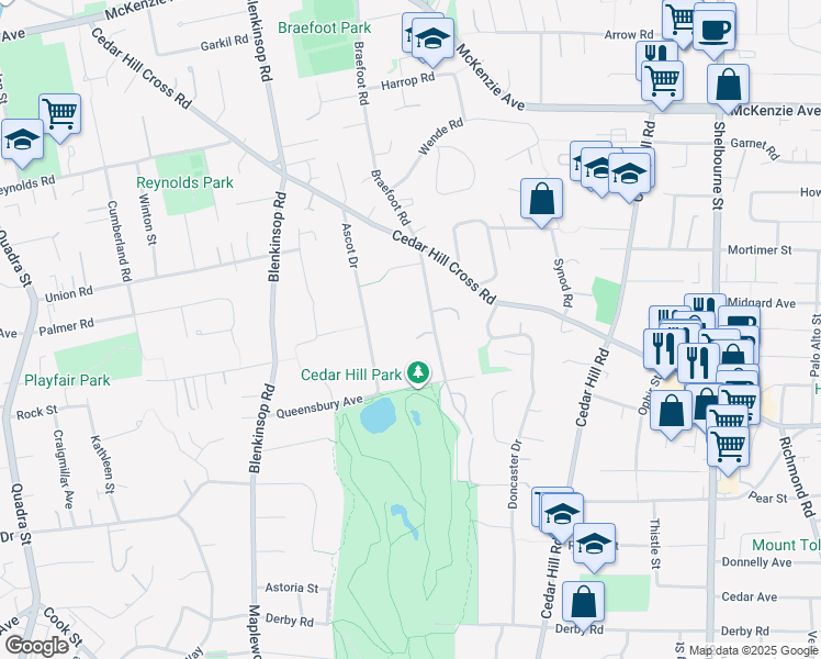 map of restaurants, bars, coffee shops, grocery stores, and more near 3824 Epsom Drive in Victoria