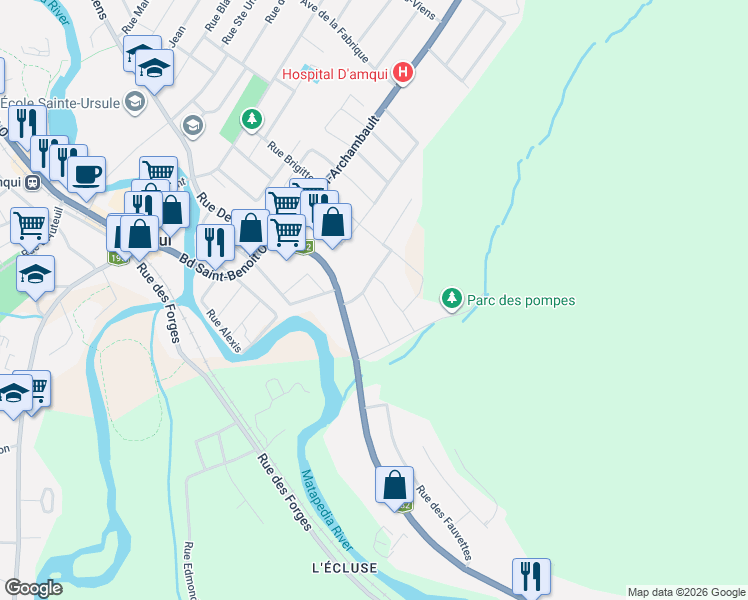 map of restaurants, bars, coffee shops, grocery stores, and more near 75 Rue Fortier in Amqui