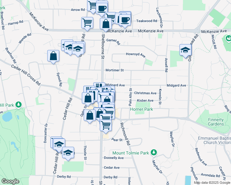 map of restaurants, bars, coffee shops, grocery stores, and more near 1629 Christmas Avenue in Victoria