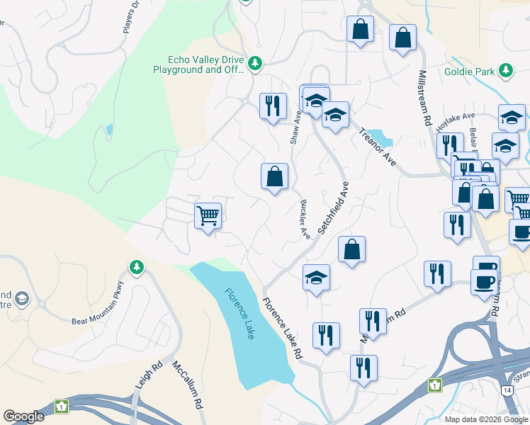 map of restaurants, bars, coffee shops, grocery stores, and more near 917 Gade Road in Victoria