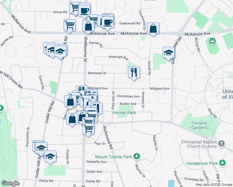 map of restaurants, bars, coffee shops, grocery stores, and more near 1706 Christmas Avenue in Victoria