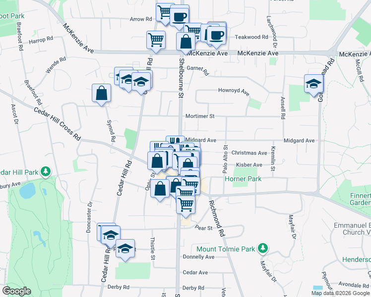 map of restaurants, bars, coffee shops, grocery stores, and more near 3861 Shelbourne Street in Victoria