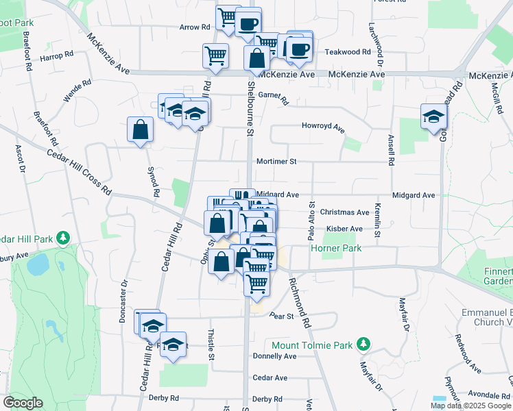 map of restaurants, bars, coffee shops, grocery stores, and more near 1580 Christmas Avenue in Victoria