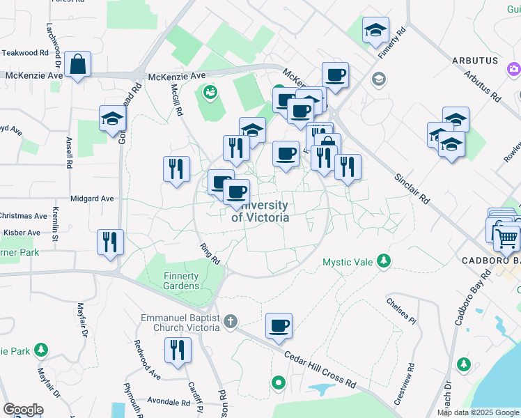 map of restaurants, bars, coffee shops, grocery stores, and more near 3800 Finnerty Road in Victoria