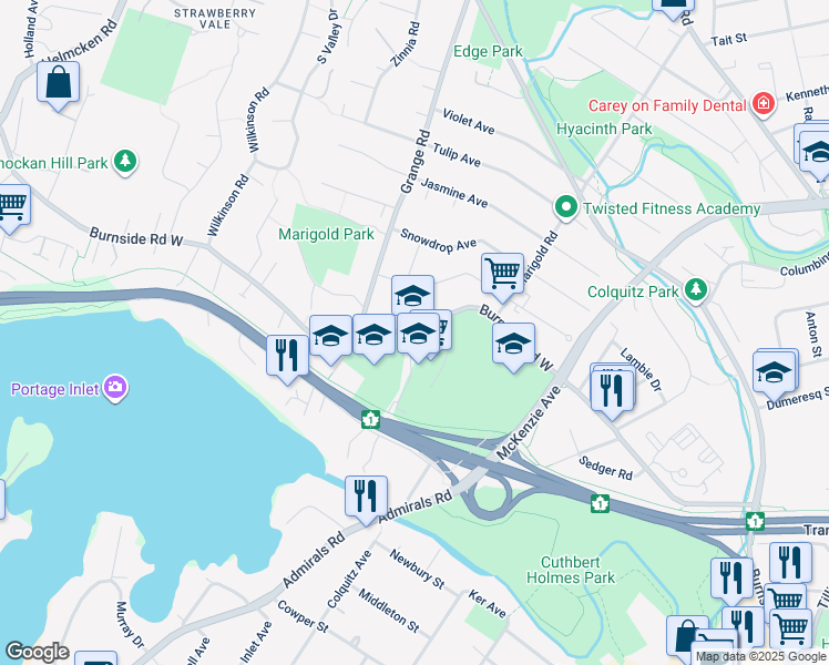 map of restaurants, bars, coffee shops, grocery stores, and more near 957 Burnside Road West in Victoria