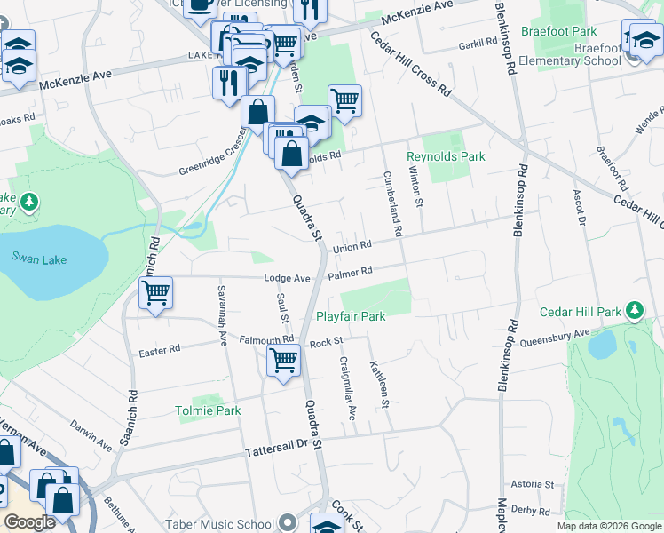 map of restaurants, bars, coffee shops, grocery stores, and more near 3905 Quadra Street in Victoria