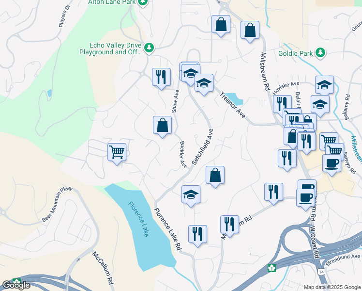 map of restaurants, bars, coffee shops, grocery stores, and more near 2566 Buckler Avenue in Victoria