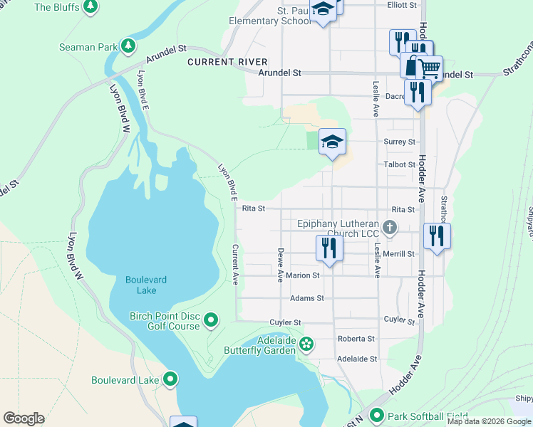 map of restaurants, bars, coffee shops, grocery stores, and more near 461 Rita Street in Thunder Bay