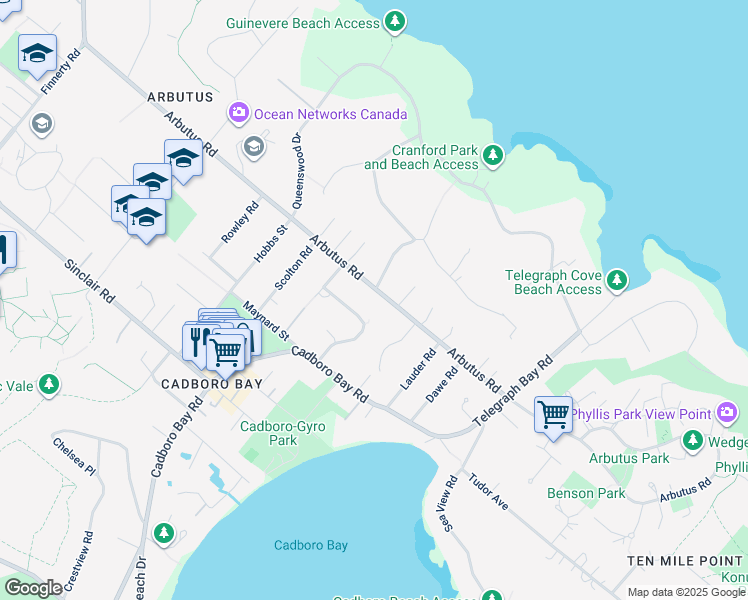 map of restaurants, bars, coffee shops, grocery stores, and more near 2619 Arbutus Road in Victoria
