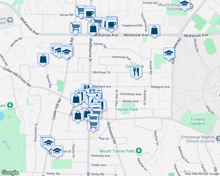 map of restaurants, bars, coffee shops, grocery stores, and more near 1685 Midgard Avenue in Victoria