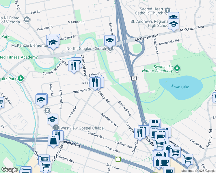 map of restaurants, bars, coffee shops, grocery stores, and more near 3883 Rowland Avenue in Victoria