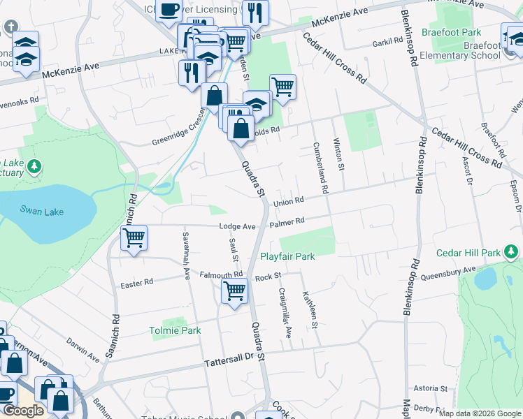map of restaurants, bars, coffee shops, grocery stores, and more near 3912 Quadra Street in Victoria