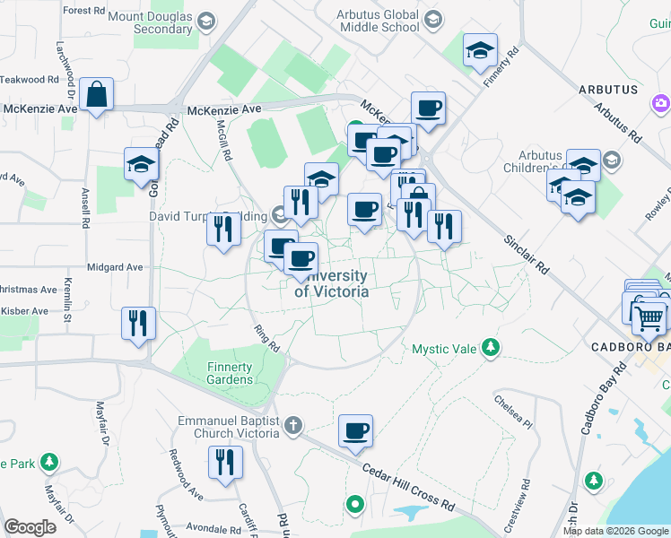 map of restaurants, bars, coffee shops, grocery stores, and more near in Victoria