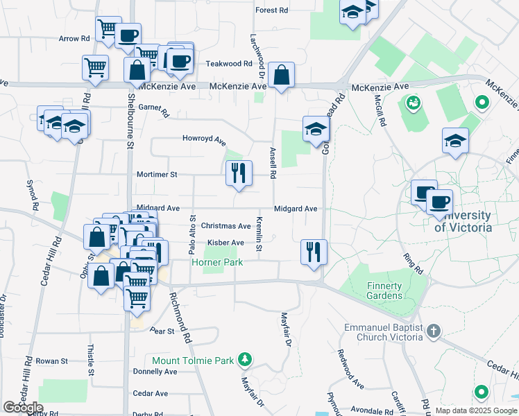 map of restaurants, bars, coffee shops, grocery stores, and more near 1760 Midgard Avenue in Victoria