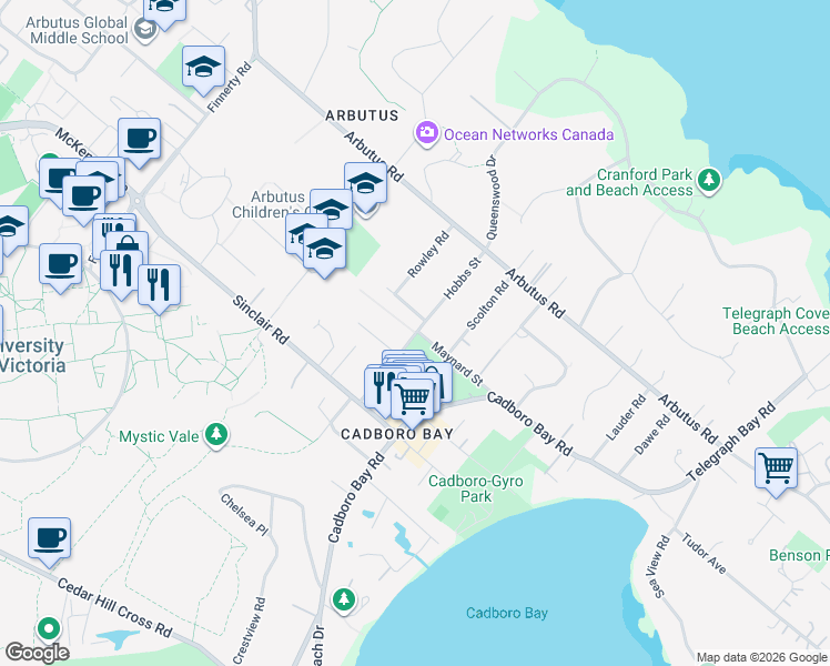 map of restaurants, bars, coffee shops, grocery stores, and more near 3880 Hobbs Street in Victoria