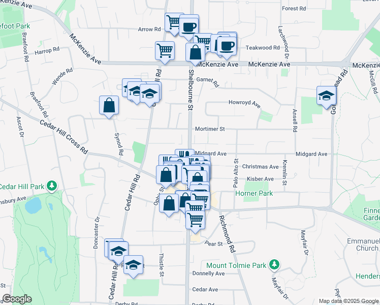 map of restaurants, bars, coffee shops, grocery stores, and more near 3868 Shelbourne St in Capital Regional District