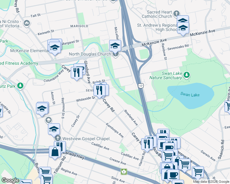map of restaurants, bars, coffee shops, grocery stores, and more near 3883 Rowland Avenue in Victoria