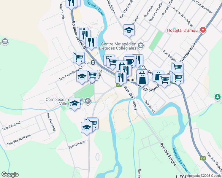 map of restaurants, bars, coffee shops, grocery stores, and more near 25 Avenue du Parc in Amqui