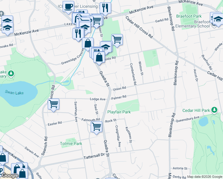 map of restaurants, bars, coffee shops, grocery stores, and more near 3912 Quadra Street in Victoria