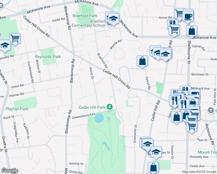 map of restaurants, bars, coffee shops, grocery stores, and more near 3834 Epsom Drive in Victoria