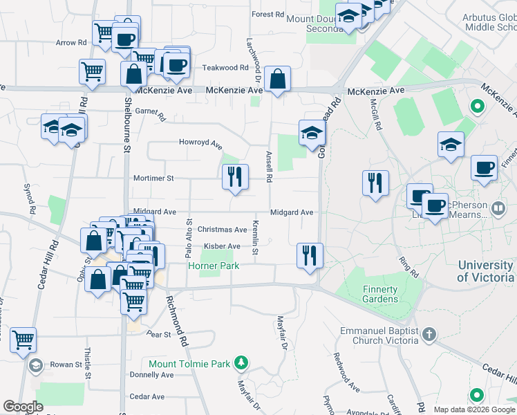 map of restaurants, bars, coffee shops, grocery stores, and more near 1785 Midgard Avenue in Victoria