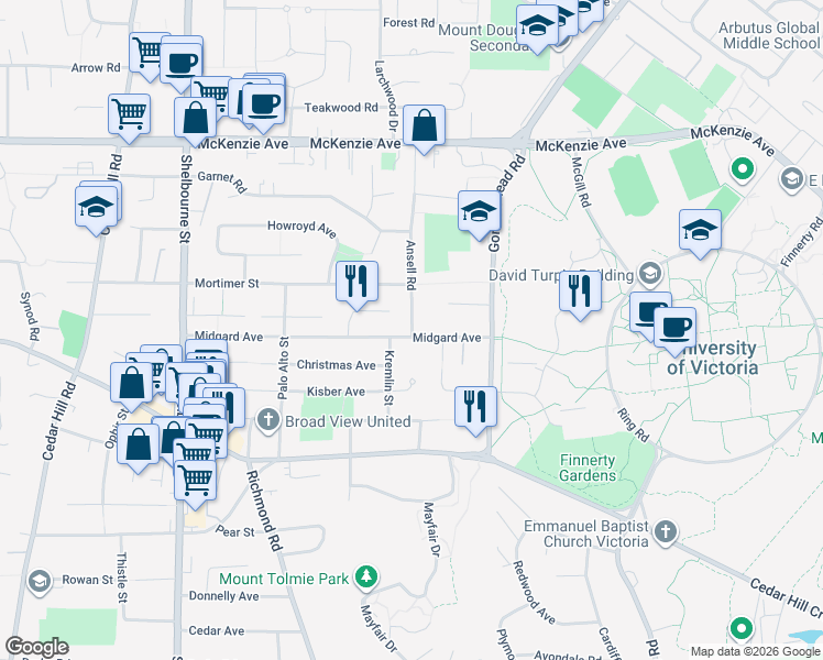 map of restaurants, bars, coffee shops, grocery stores, and more near 3849 Ansell Road in Victoria