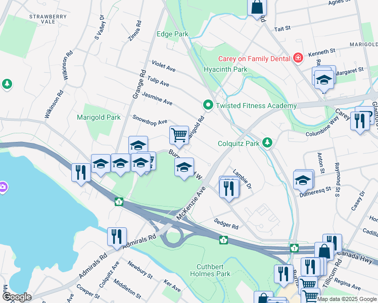 map of restaurants, bars, coffee shops, grocery stores, and more near 774 Lavender Avenue in Victoria