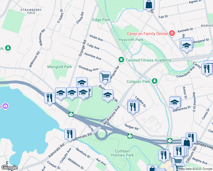 map of restaurants, bars, coffee shops, grocery stores, and more near 359 Marigold Road in Victoria