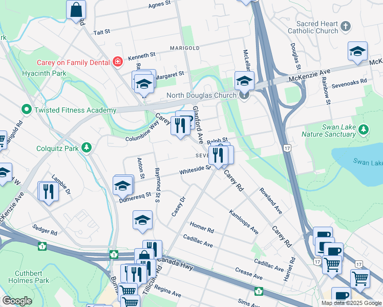 map of restaurants, bars, coffee shops, grocery stores, and more near 3912 Carey Road in Victoria