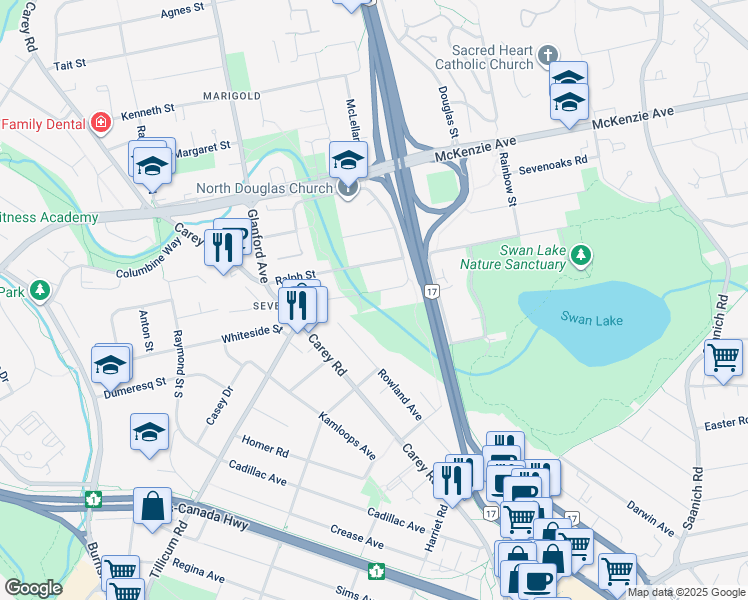 map of restaurants, bars, coffee shops, grocery stores, and more near 613 Kent Road in Victoria