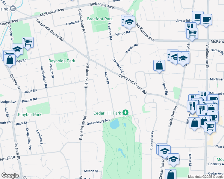 map of restaurants, bars, coffee shops, grocery stores, and more near 3851 Ascot Drive in Victoria