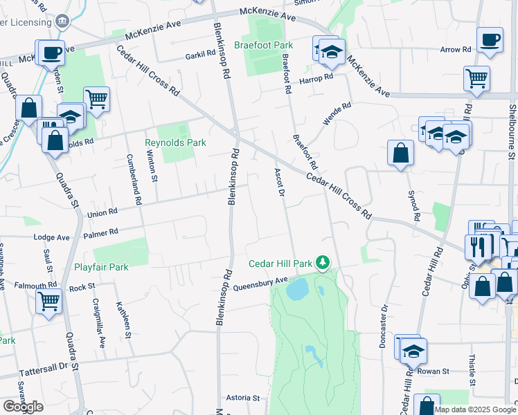 map of restaurants, bars, coffee shops, grocery stores, and more near 3889 Persimmon Drive in Victoria