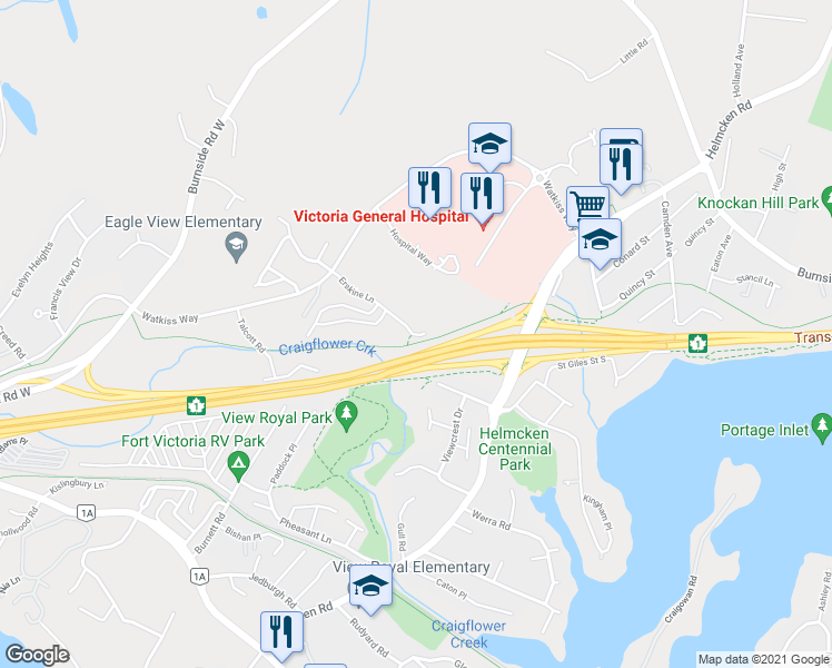 map of restaurants, bars, coffee shops, grocery stores, and more near 7 Erskine Lane in Victoria