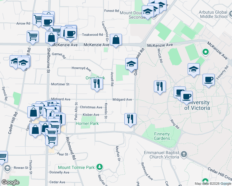 map of restaurants, bars, coffee shops, grocery stores, and more near 1785 Midgard Avenue in Victoria