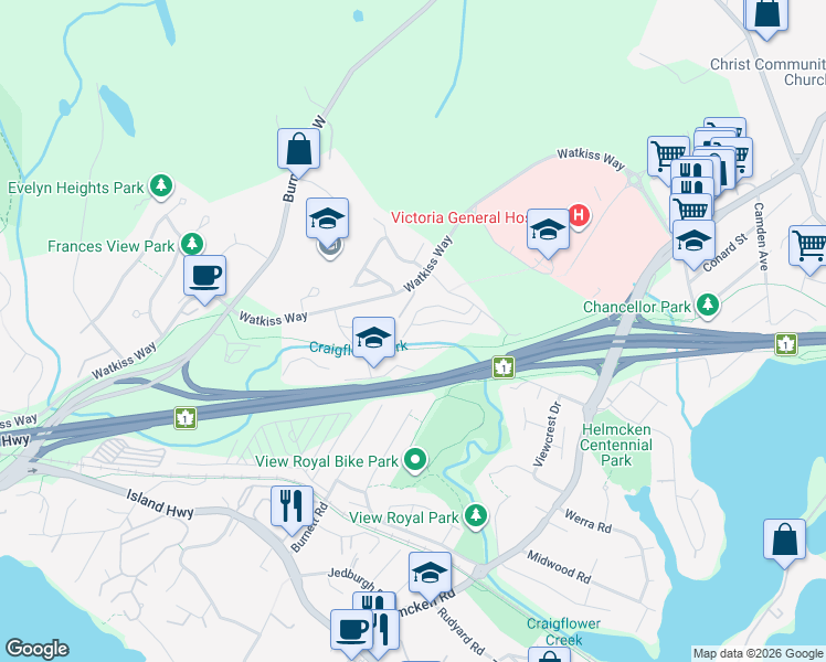 map of restaurants, bars, coffee shops, grocery stores, and more near 14 Erskine Lane in Victoria