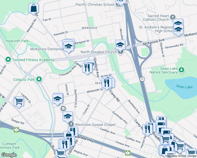 map of restaurants, bars, coffee shops, grocery stores, and more near 3951 Bethel Place in Victoria
