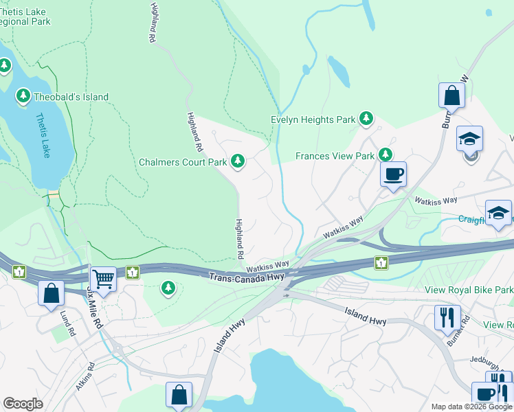 map of restaurants, bars, coffee shops, grocery stores, and more near 2136 Meadow Vale Drive in Victoria