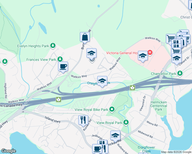 map of restaurants, bars, coffee shops, grocery stores, and more near 95 Talcott Road in Victoria