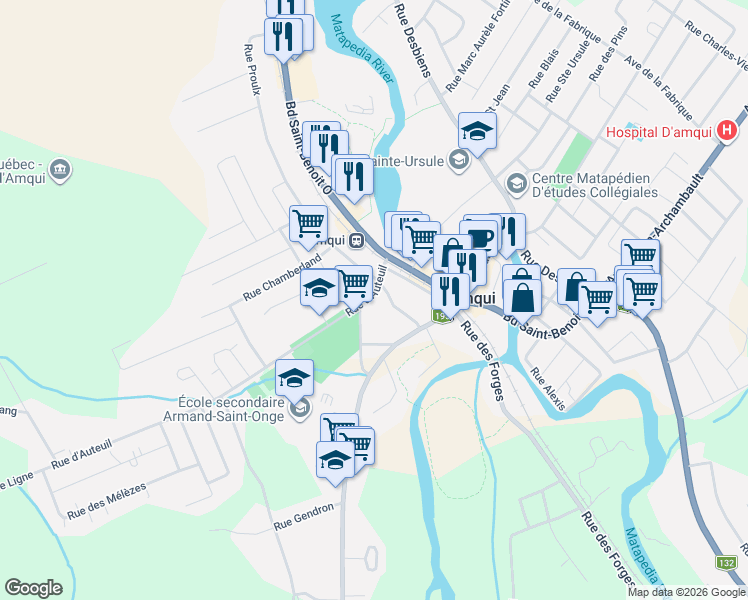 map of restaurants, bars, coffee shops, grocery stores, and more near 19 Rue d'Auteuil in Amqui