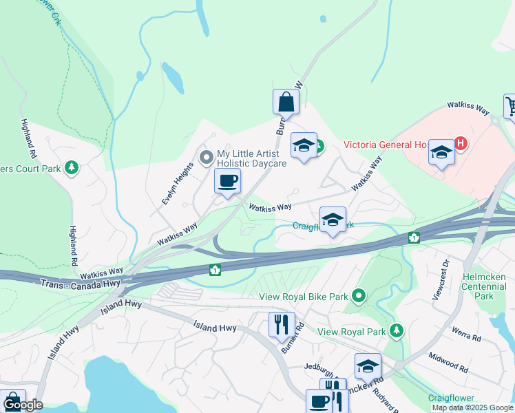 map of restaurants, bars, coffee shops, grocery stores, and more near 1950 Watkiss Way in Victoria