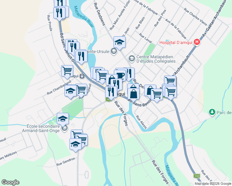 map of restaurants, bars, coffee shops, grocery stores, and more near 2 Rue du Pont in Amqui