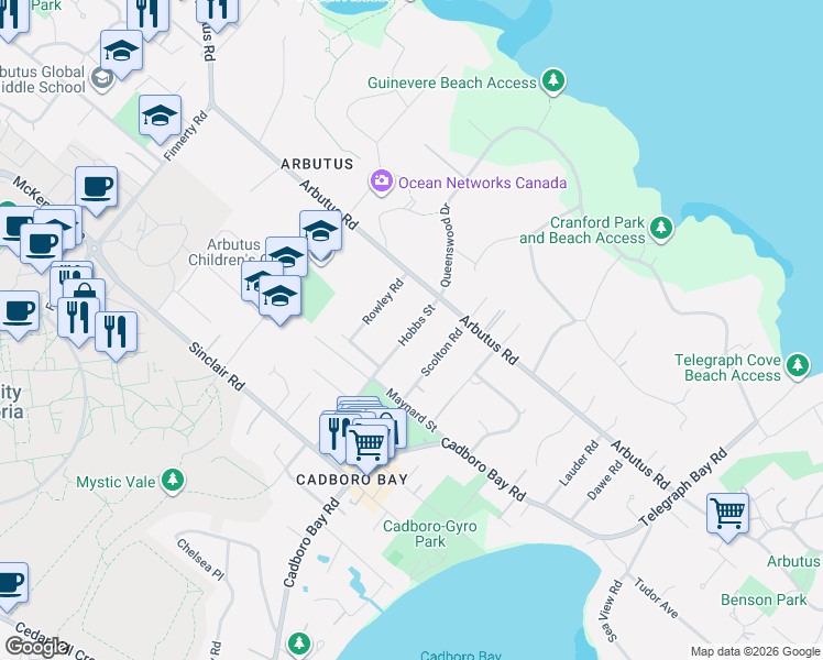 map of restaurants, bars, coffee shops, grocery stores, and more near 3910 Hobbs Street in Victoria