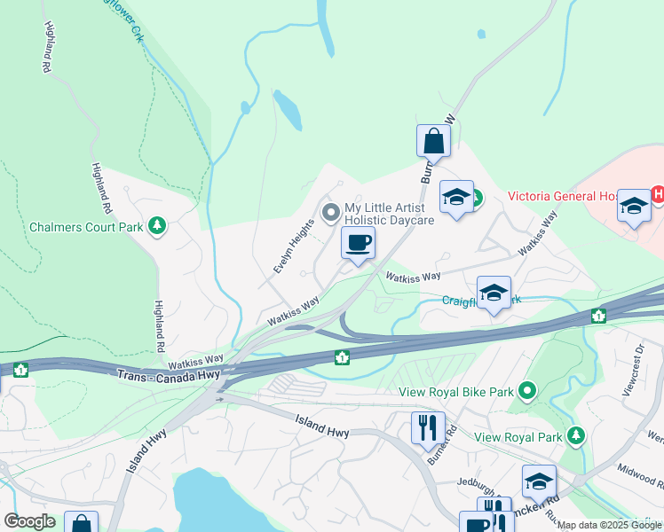 map of restaurants, bars, coffee shops, grocery stores, and more near 2340 Watkiss Way in Victoria