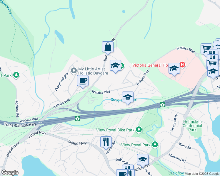 map of restaurants, bars, coffee shops, grocery stores, and more near 1950 Watkiss Way in Victoria