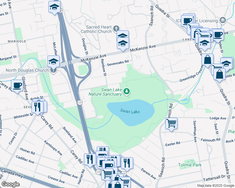 map of restaurants, bars, coffee shops, grocery stores, and more near Quadra Street in Saanich
