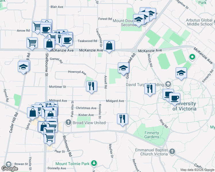 map of restaurants, bars, coffee shops, grocery stores, and more near 1770 Mortimer Street in Victoria