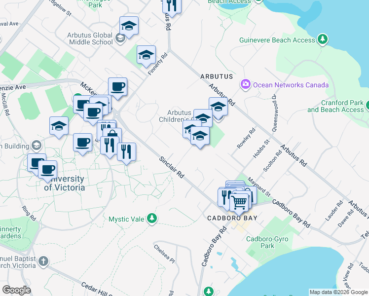 map of restaurants, bars, coffee shops, grocery stores, and more near 3860 Haro Road in Victoria